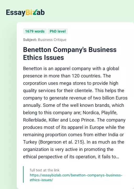 Benetton Company's Business Ethics Issues - Essay Preview