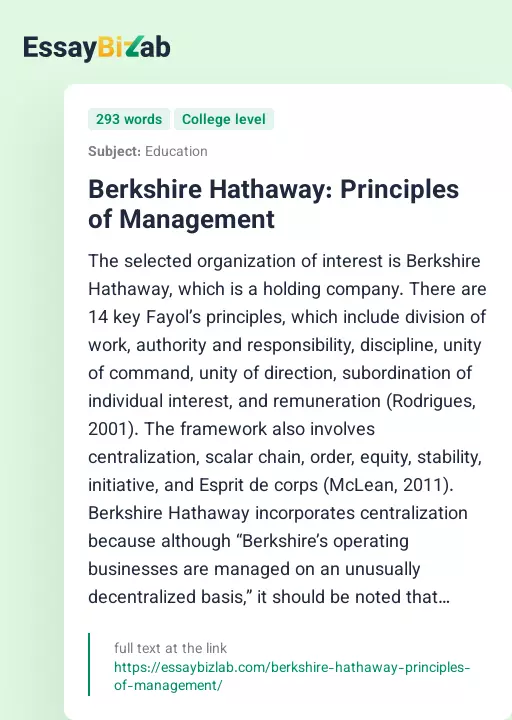 Berkshire Hathaway: Principles of Management - Essay Preview