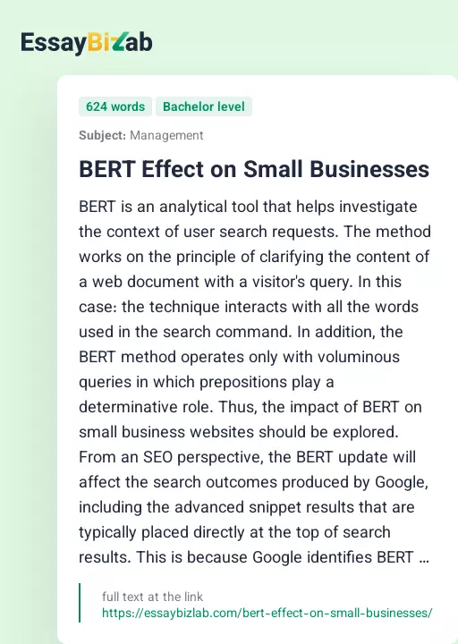 BERT Effect on Small Businesses - Essay Preview