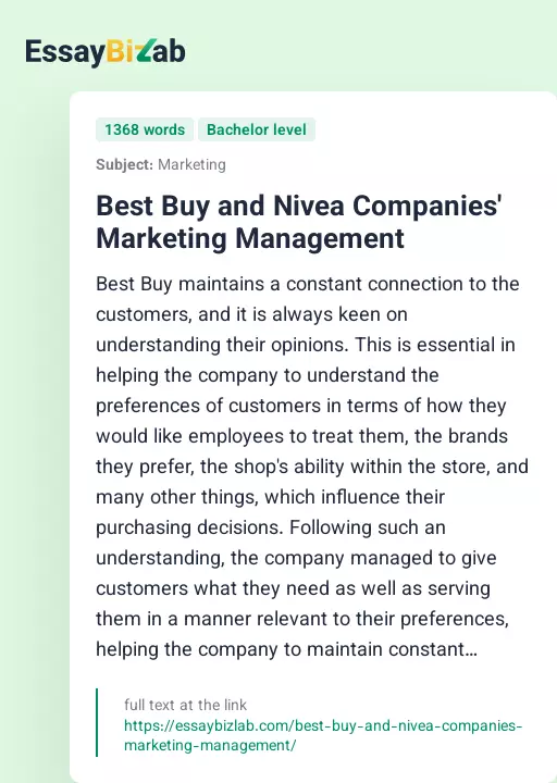 Best Buy and Nivea Companies' Marketing Management - Essay Preview