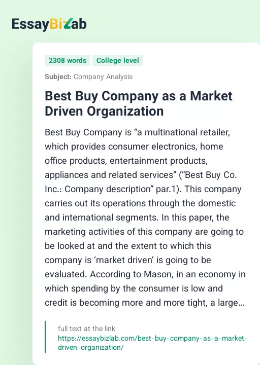Best Buy Company as a Market Driven Organization - Essay Preview