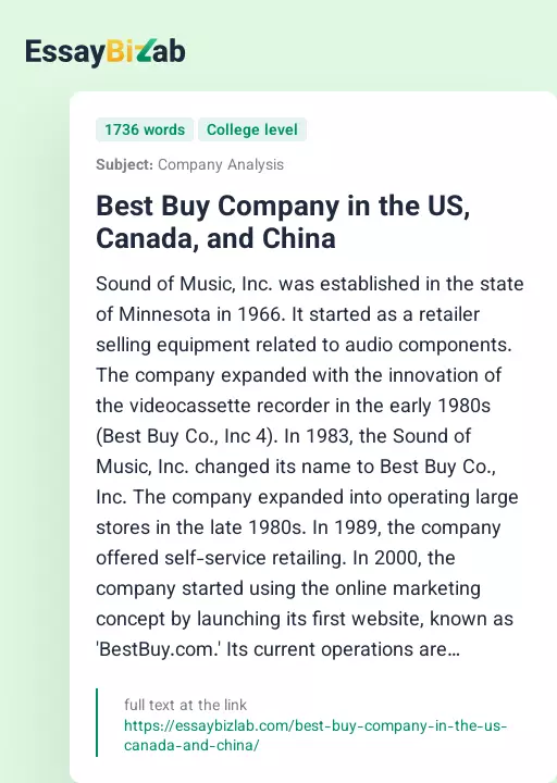 Best Buy Company in the US, Canada, and China - Essay Preview