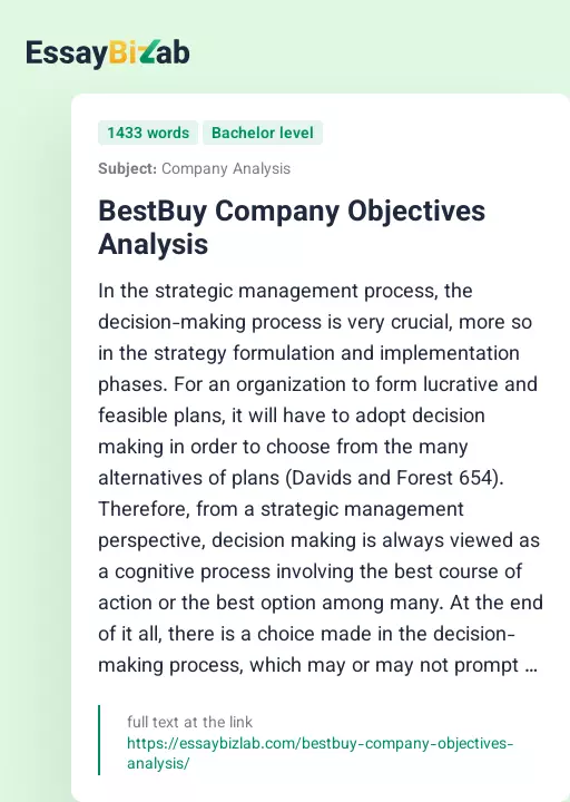 BestBuy Company Objectives Analysis - Essay Preview