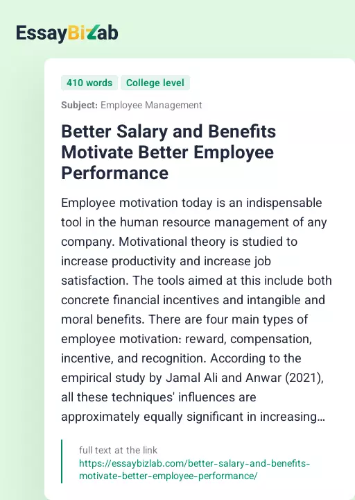 Better Salary and Benefits Motivate Better Employee Performance - Essay Preview