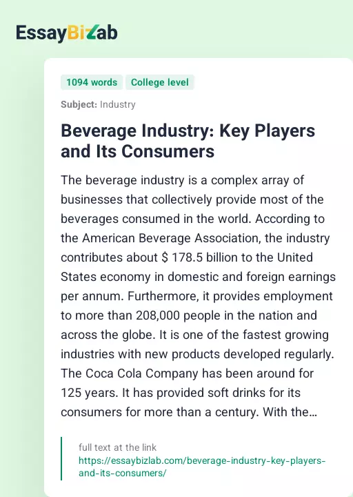 Beverage Industry: Key Players and Its Consumers - Essay Preview
