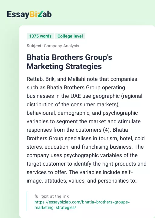 Bhatia Brothers Group's Marketing Strategies - Essay Preview