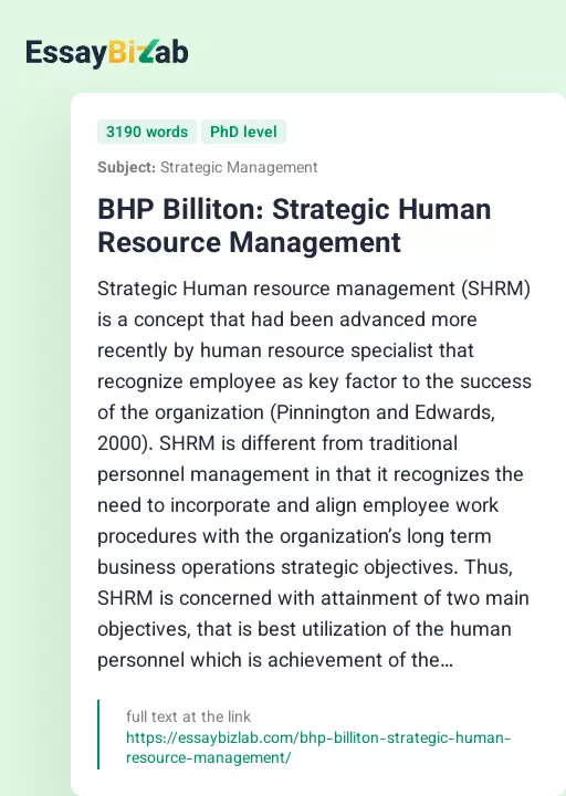 BHP Billiton: Strategic Human Resource Management - Essay Preview