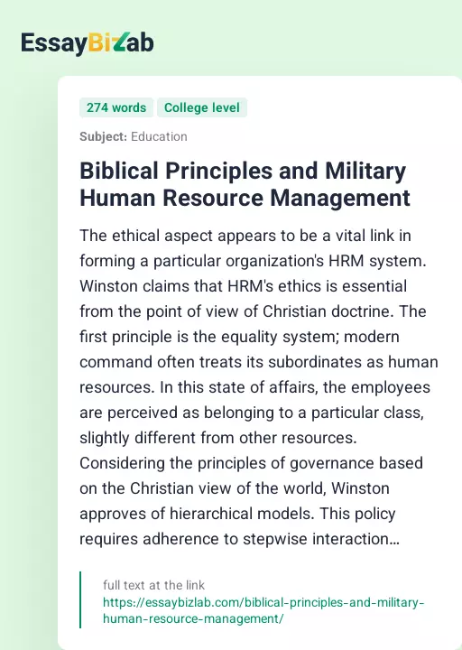 Biblical Principles and Military Human Resource Management - Essay Preview