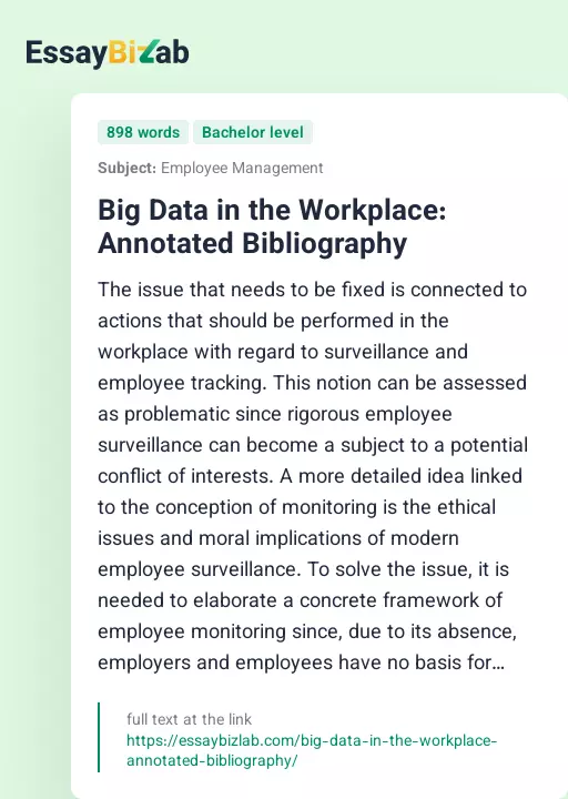 Big Data in the Workplace: Annotated Bibliography - Essay Preview