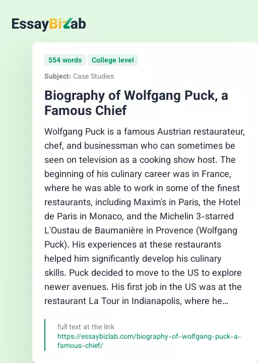 Biography of Wolfgang Puck, a Famous Chief - Essay Preview