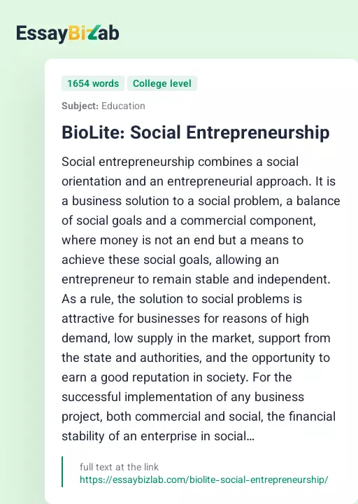 BioLite: Social Entrepreneurship - Essay Preview