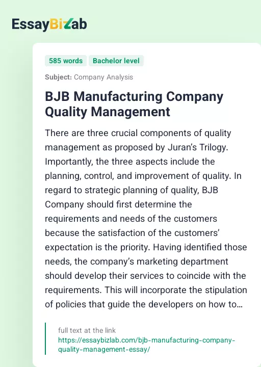 BJB Manufacturing Company Quality Management - Essay Preview