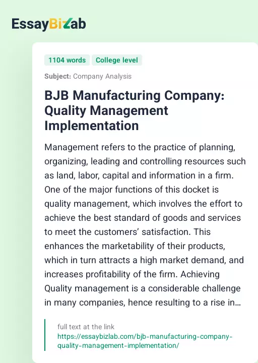 BJB Manufacturing Company: Quality Management Implementation - Essay Preview