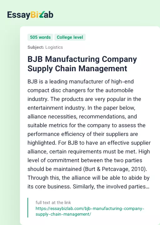 BJB Manufacturing Company Supply Chain Management - Essay Preview