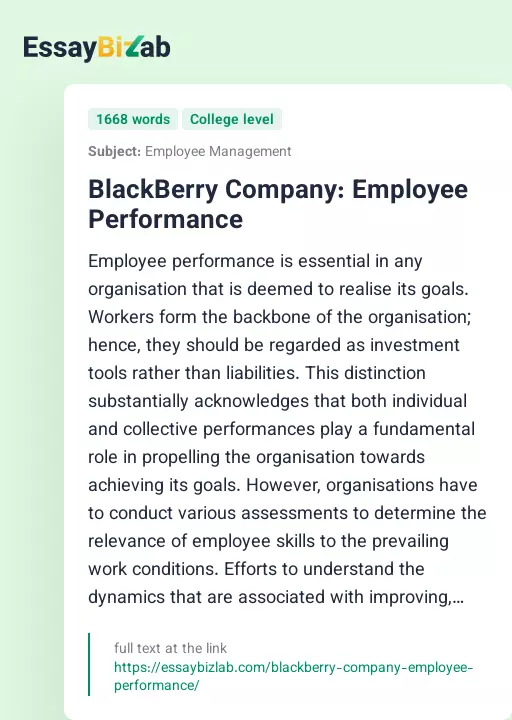 BlackBerry Company: Employee Performance - Essay Preview