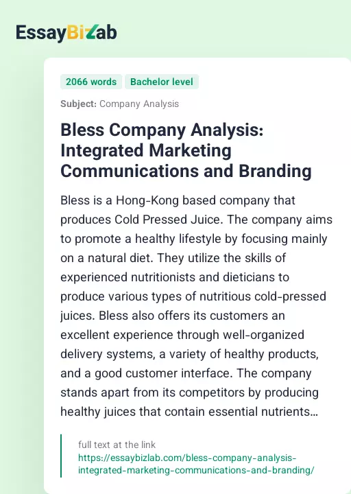 Bless Company Analysis: Integrated Marketing Communications and Branding - Essay Preview