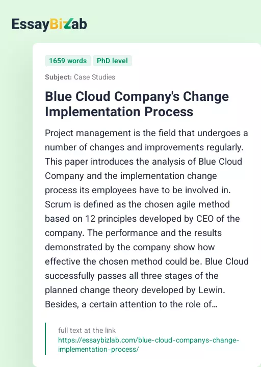 Blue Cloud Company's Change Implementation Process - Essay Preview