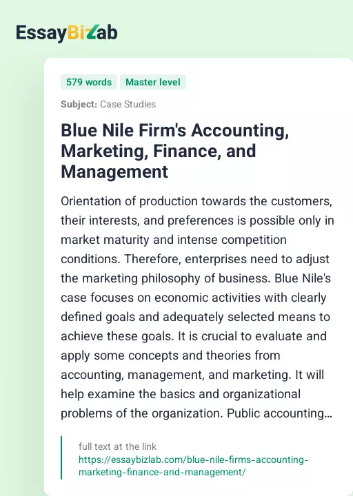 Blue Nile Firm's Accounting, Marketing, Finance, and Management - Essay Preview