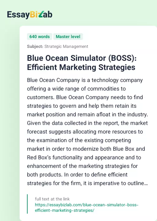 Blue Ocean Simulator (BOSS): Efficient Marketing Strategies - Essay Preview