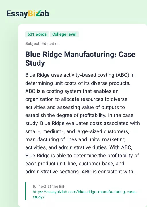 Blue Ridge Manufacturing: Case Study - Essay Preview