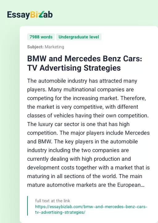 BMW and Mercedes Benz Cars: TV Advertising Strategies - Essay Preview
