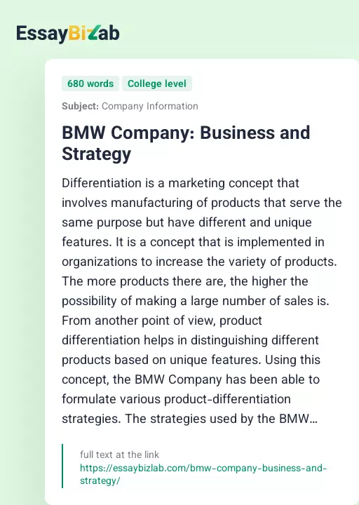 BMW Company: Business and Strategy - Essay Preview