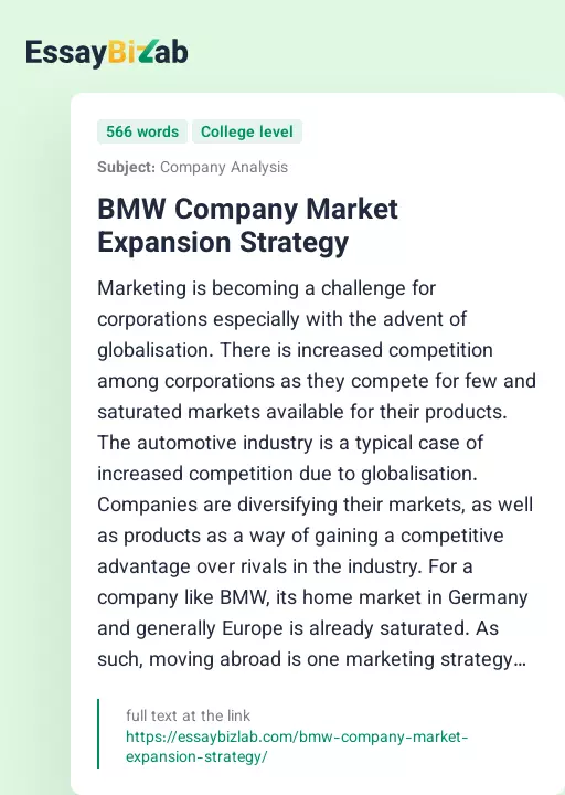 BMW Company Market Expansion Strategy - Essay Preview