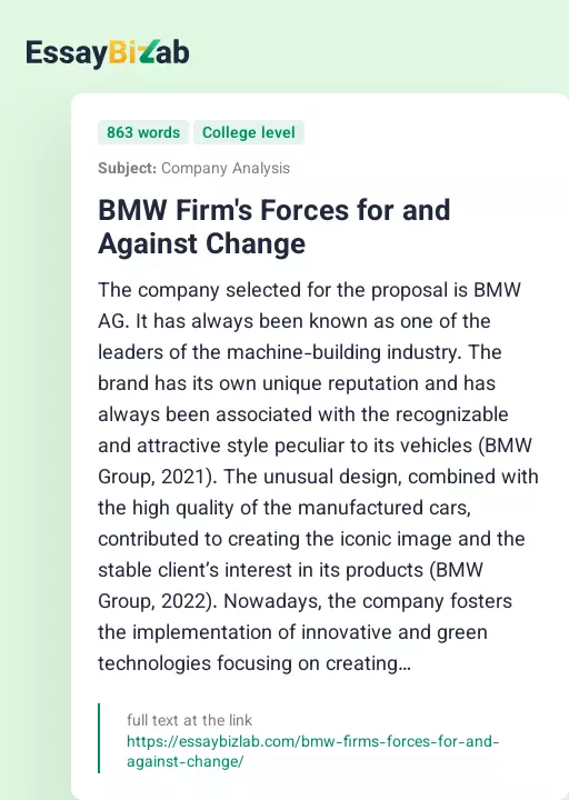 BMW Firm's Forces for and Against Change - Essay Preview