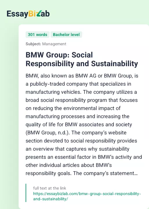 BMW Group: Social Responsibility and Sustainability - Essay Preview