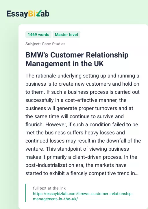 BMW's Customer Relationship Management in the UK - Essay Preview