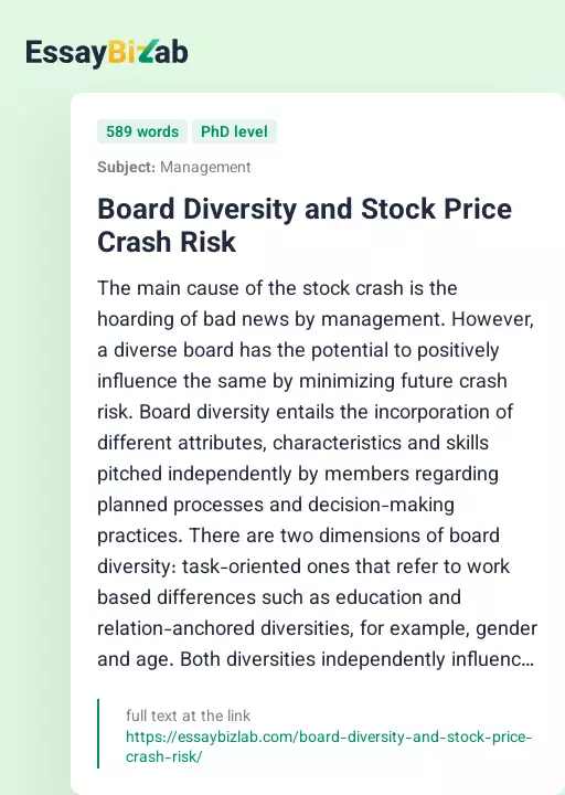 Board Diversity and Stock Price Crash Risk - Essay Preview