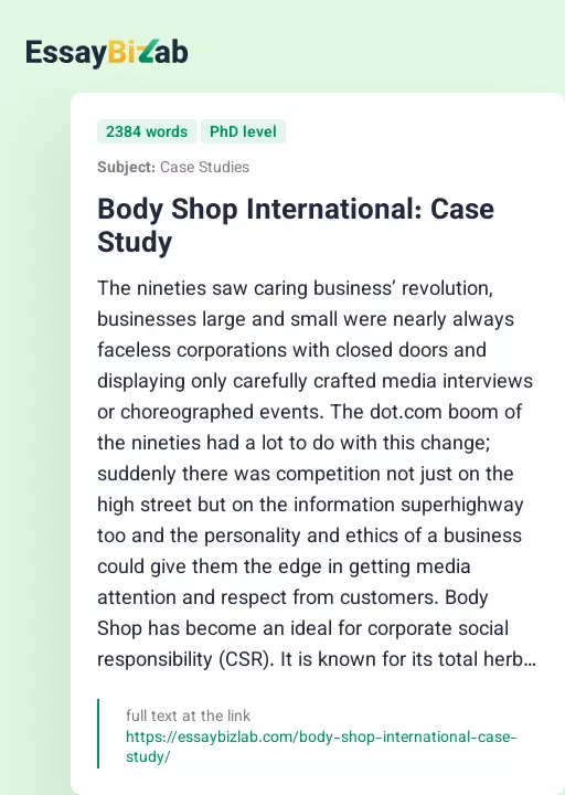 Body Shop International: Case Study - Essay Preview
