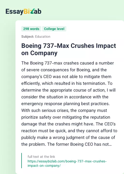 Boeing 737-Max Crushes Impact on Company - Essay Preview