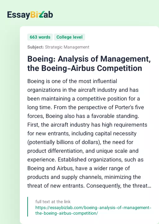 Boeing: Analysis of Management, the Boeing-Airbus Competition - Essay Preview