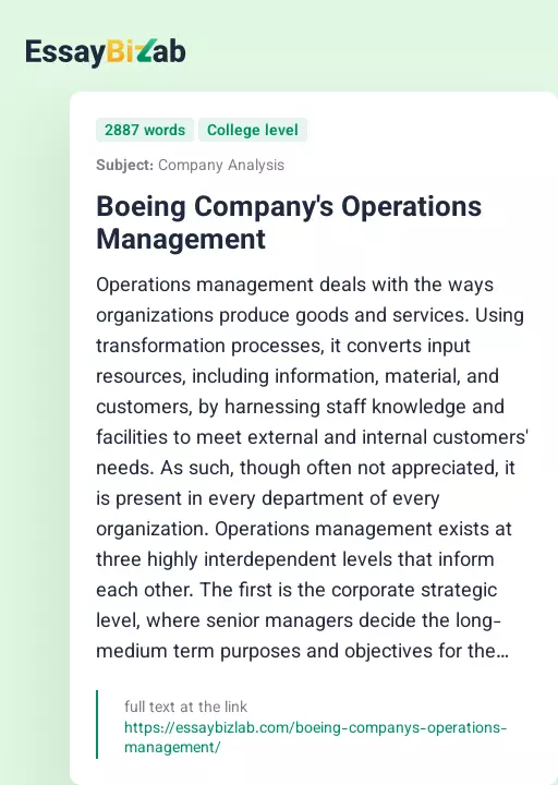Boeing Company's Operations Management - Essay Preview