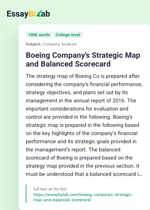 Boeing Company's Strategic Map and Balanced Scorecard - Essay Preview