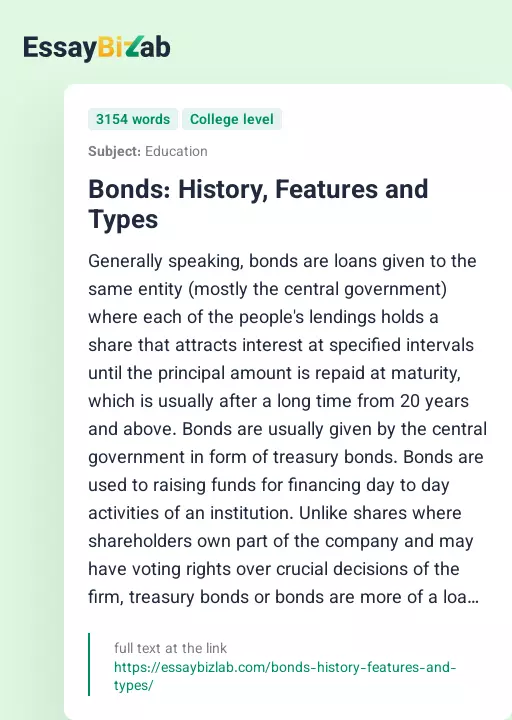 Bonds: History, Features and Types - Essay Preview
