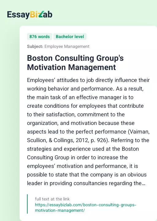 Boston Consulting Group's Motivation Management - Essay Preview