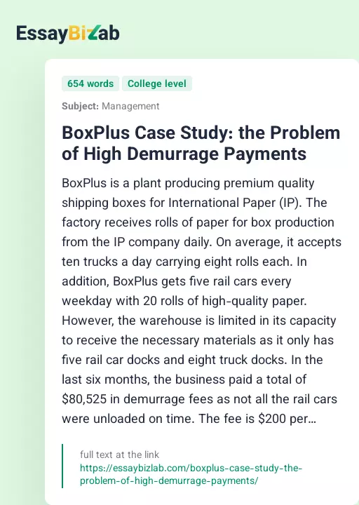 BoxPlus Case Study: the Problem of High Demurrage Payments - Essay Preview