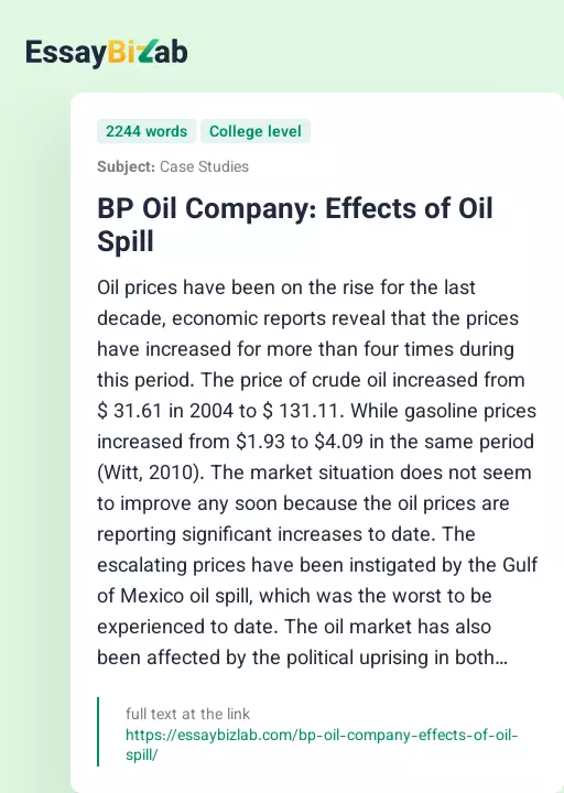 BP Oil Company: Effects of Oil Spill - Essay Preview