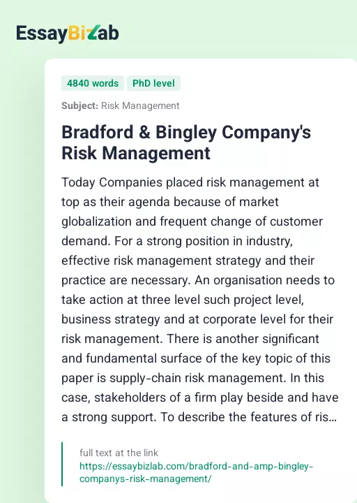 Bradford & Bingley Company's Risk Management - Essay Preview