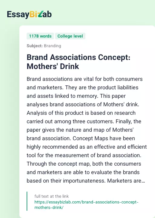 Brand Associations Concept: Mothers' Drink - Essay Preview