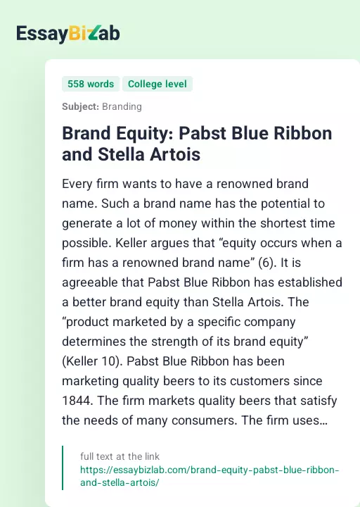 Brand Equity: Pabst Blue Ribbon and Stella Artois - Essay Preview