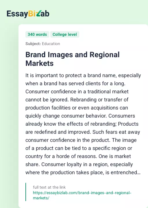 Brand Images and Regional Markets - Essay Preview