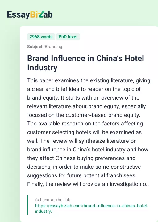 Brand Influence in China’s Hotel Industry - Essay Preview