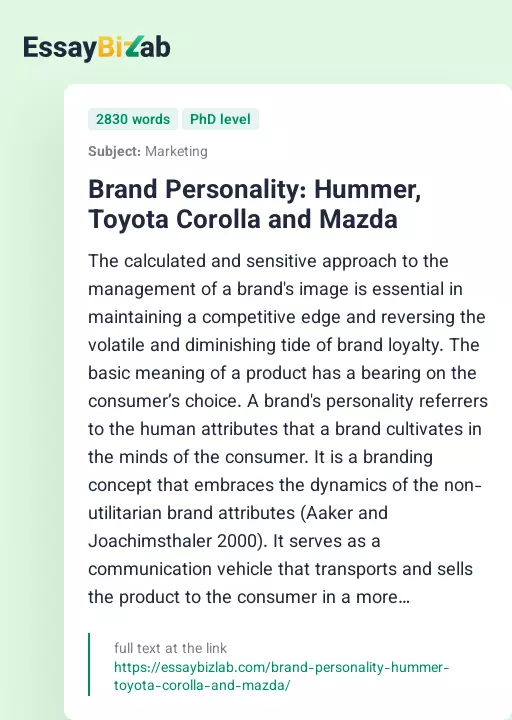 Brand Personality: Hummer, Toyota Corolla and Mazda - Essay Preview