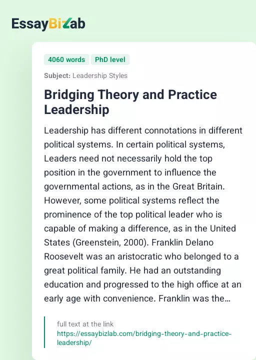 Bridging Theory and Practice Leadership - Essay Preview
