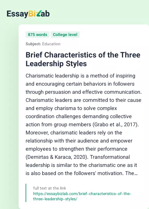 Brief Characteristics of the Three Leadership Styles - Essay Preview
