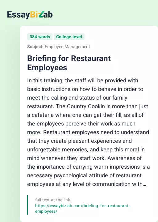 Briefing for Restaurant Employees - Essay Preview