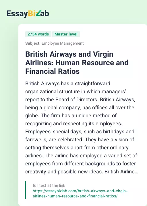 British Airways and Virgin Airlines: Human Resource and Financial Ratios - Essay Preview